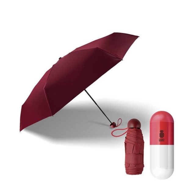 7" Mini Folding Capsule Umbrella With Cute Capsule Case maroon
