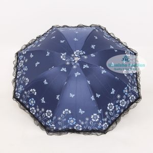 Fashionable and Elegant Anti UV Sunshade Print Border Lace Umbrella. Navy Blue