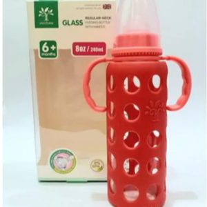 Glass Bottle Baby Feeder With Silicon Cover-240ml. Red