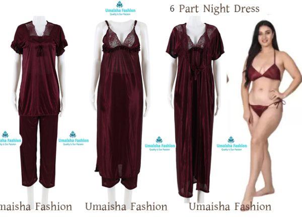 Fashionable 6 Part Nighty Dress For Ladies. Deep Jam color