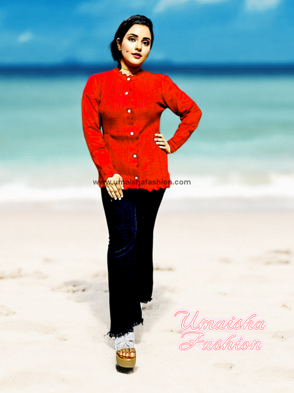 Women's Long Sleeve PBD Fabrics Cable Knit Design Sweater Open Front Cardigan. Deep Red Color - Image 3