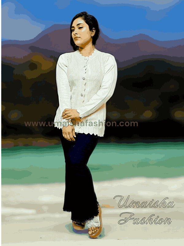 Women's Long Sleeve PBD Fabrics Cable Knit Design Sweater Open Front Cardigan. White Color - Image 5