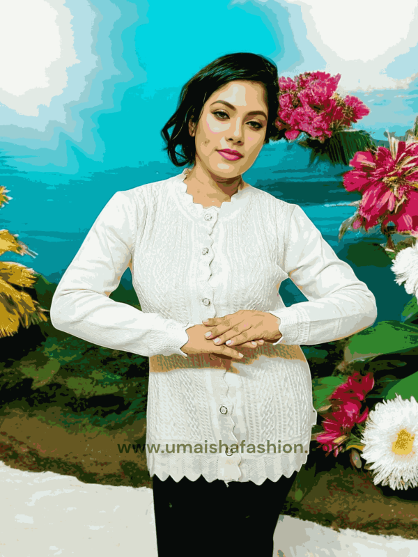Women's Long Sleeve PBD Fabrics Cable Knit Design Sweater Open Front Cardigan. White Color