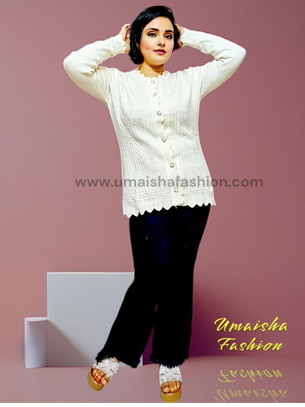 Women's Long Sleeve PBD Fabrics Cable Knit Design Sweater Open Front Cardigan. White Color - Image 4