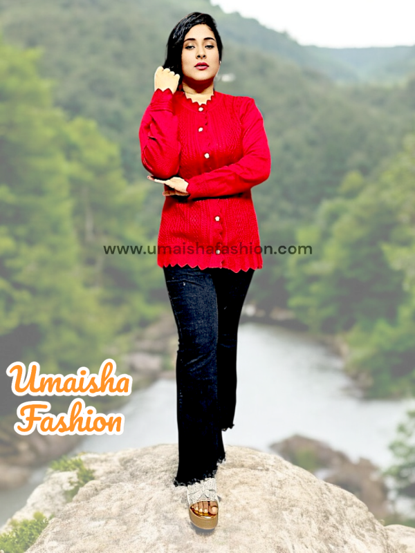 Women's Long Sleeve PBD Fabrics Cable Knit Design Sweater Open Front Cardigan. Deep Red Color - Image 4