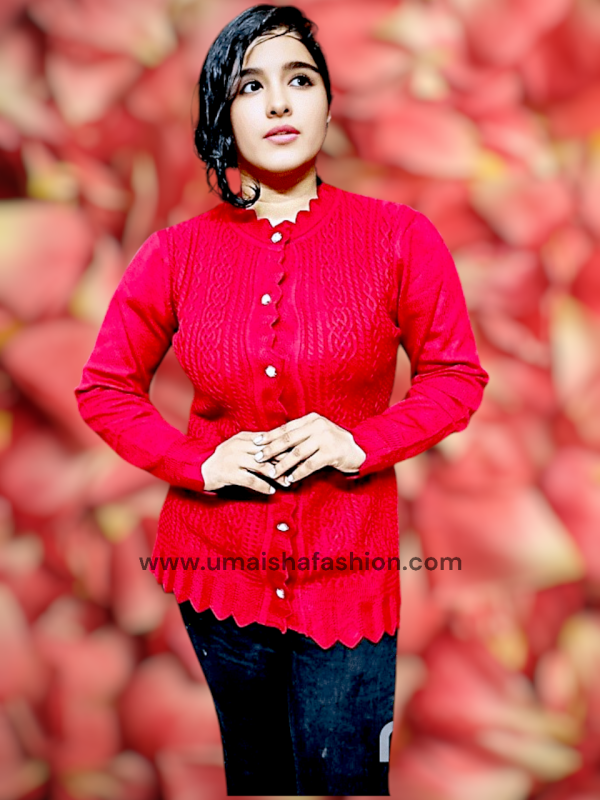 Women's Long Sleeve PBD Fabrics Cable Knit Design Sweater Open Front Cardigan. Deep Red Color