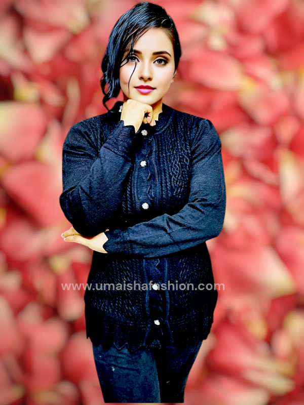 Women's Long Sleeve PBD Fabrics Cable Knit Design Sweater Open Front Cardigan. Black Color