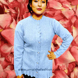 Women's Long Sleeve PBD Fabrics Cable Knit Design Sweater Open Front Cardigan. Light Blue Color.