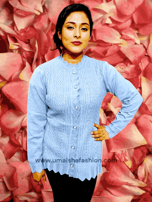 Women's Long Sleeve PBD Fabrics Cable Knit Design Sweater Open Front Cardigan. Light Blue Color.