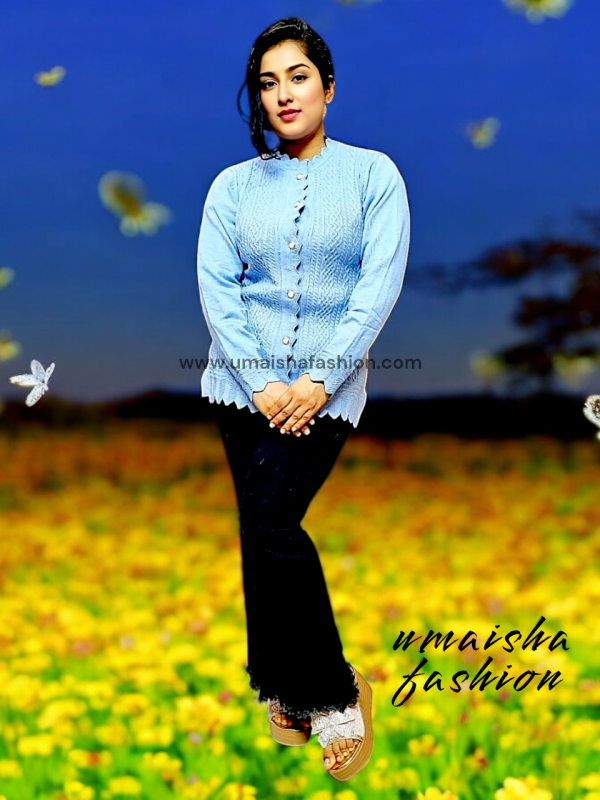 Women's Long Sleeve PBD Fabrics Cable Knit Design Sweater Open Front Cardigan. Light Blue Color. - Image 4