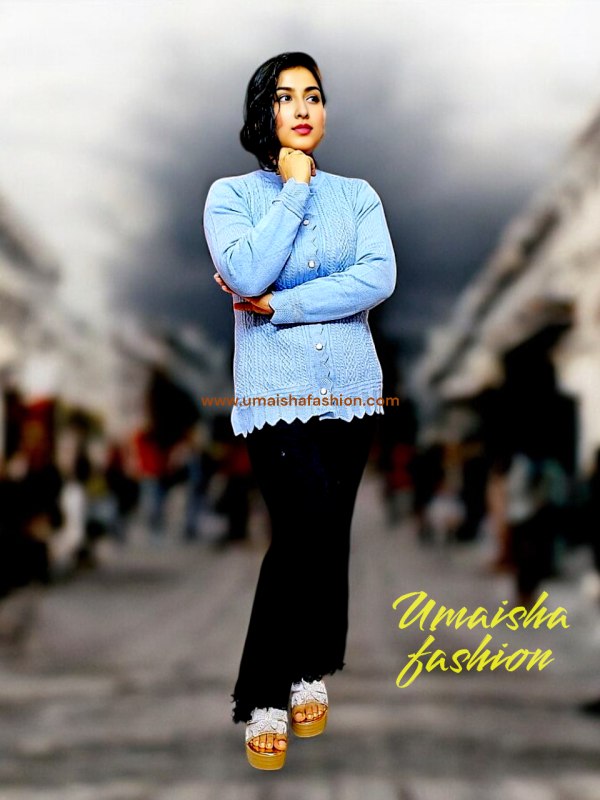 Women's Long Sleeve PBD Fabrics Cable Knit Design Sweater Open Front Cardigan. Light Blue Color. - Image 2