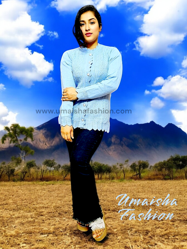 Women's Long Sleeve PBD Fabrics Cable Knit Design Sweater Open Front Cardigan. Light Blue Color. - Image 3