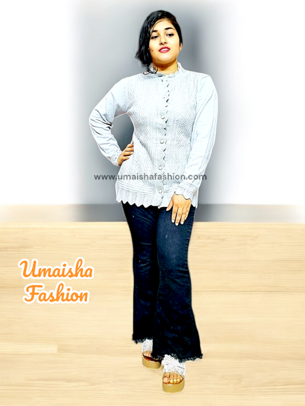 Women's Long Sleeve PBD Fabrics Cable Knit Design Sweater Open Front Cardigan. Ash Color - Image 3