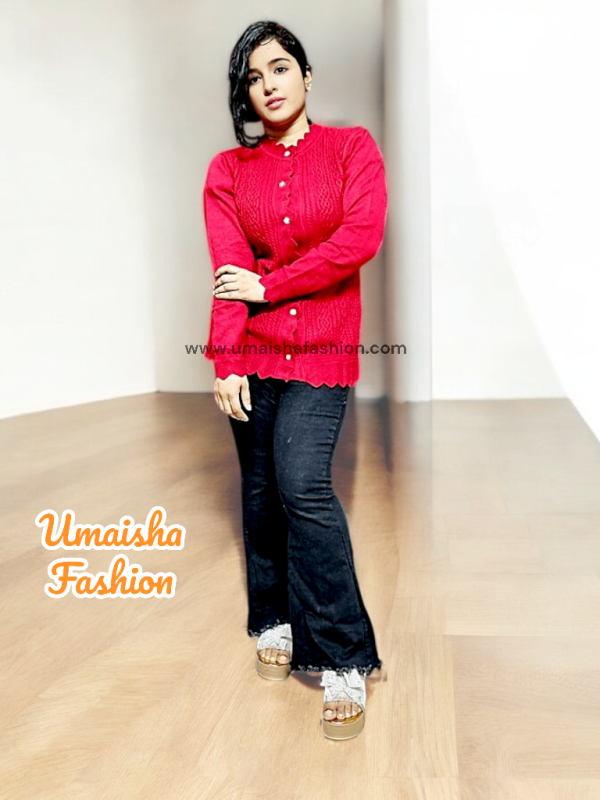 Women's Long Sleeve PBD Fabrics Cable Knit Design Sweater Open Front Cardigan. Deep Red Color - Image 5