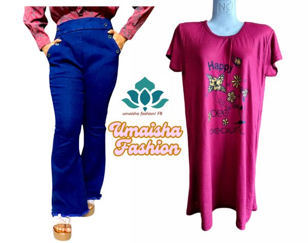 Denim Jeans Bootcut Pant and T-Shirt Set For Woman. Deep Blue