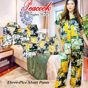 Korean AC Silk Shirt-Pant Nighty Set 3 Part ( 1 Long pant, 1 Short pant ,1 Shirt )