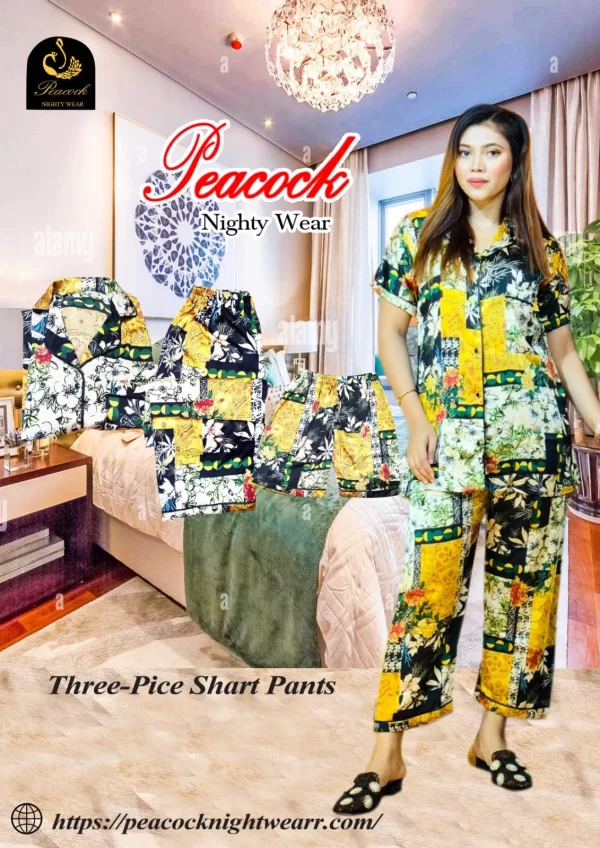 Korean AC Silk Shirt-Pant Nighty Set 3 Part ( 1 Long pant, 1 Short pant ,1 Shirt )