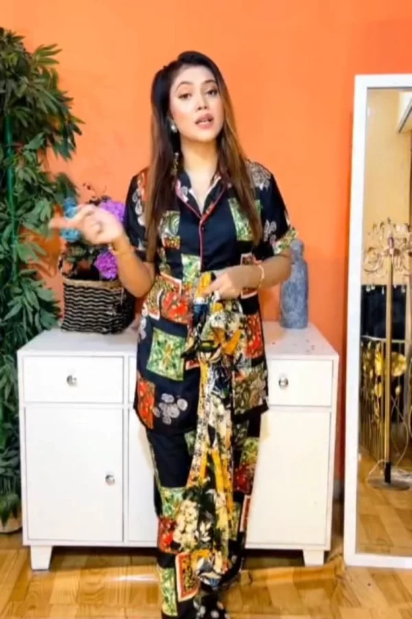 Korean AC Silk Shirt-Pant Nighty Set 3 Part ( 1 Long pant, 1 Short pant ,1 Shirt ) - Image 2