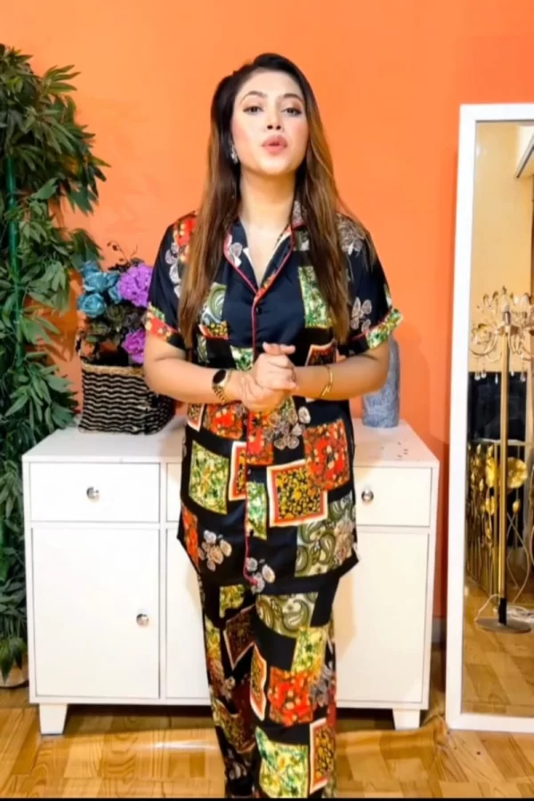 Korean AC Silk Shirt-Pant Nighty Set 3 Part ( 1 Long pant, 1 Short pant ,1 Shirt ) - Image 3
