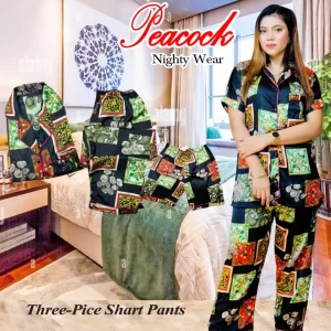 Korean AC Silk Shirt-Pant Nighty Set 3 Part ( 1 Long pant, 1 Short pant ,1 Shirt )