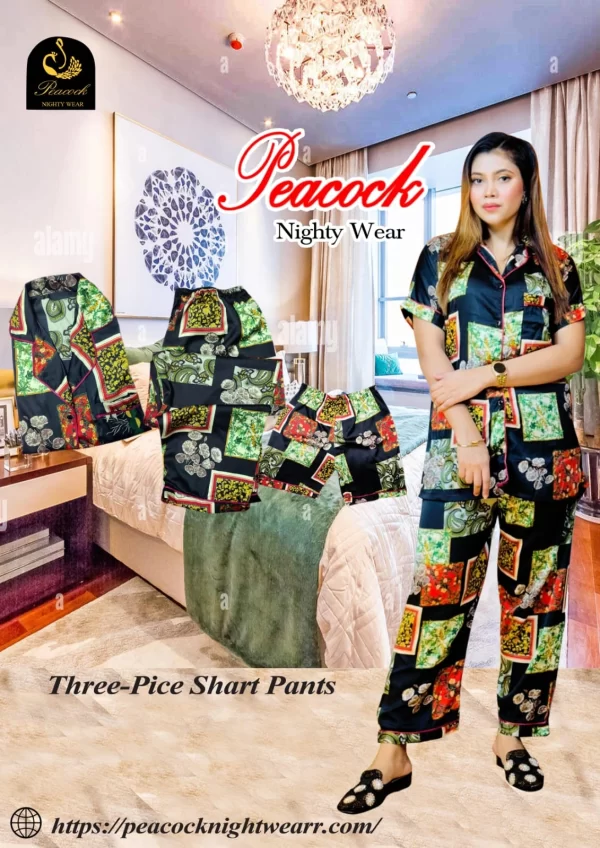 Korean AC Silk Shirt-Pant Nighty Set 3 Part ( 1 Long pant, 1 Short pant ,1 Shirt )